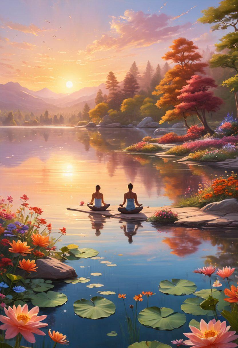 A serene landscape featuring a radiant sunrise over a tranquil lake, with vibrant flowers blooming along the shore. In the foreground, a diverse group of joyful people are meditating and practicing yoga, embodying bliss and ecstasy. Soft, warm colors radiate from the scene, symbolizing happiness and inner peace. whimsical, ethereal, vibrant colors. super-realistic.