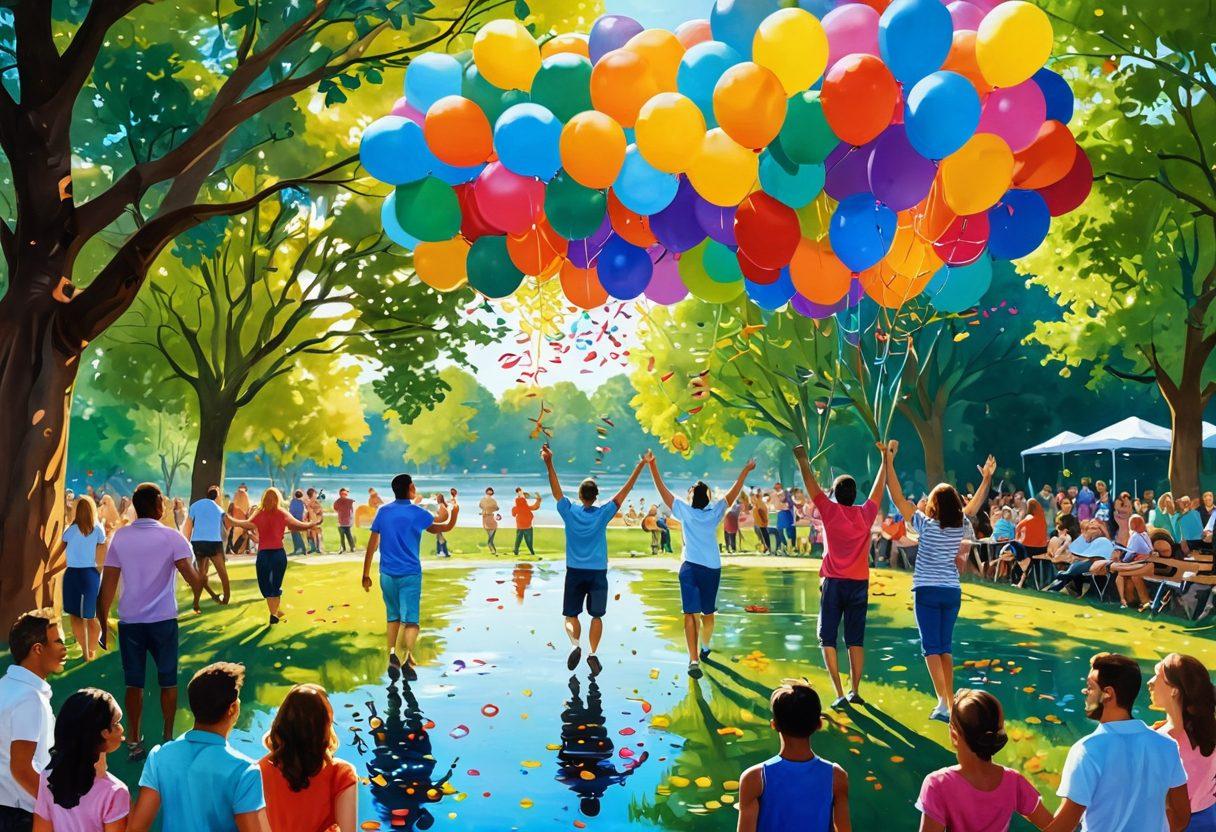 A joyous scene capturing diverse groups of people celebrating life under bright, colorful balloons and banners, with confetti in the air and smiles all around. The setting features a vibrant park with lush green trees and a sparkling lake, radiating happiness and togetherness. Include elements like laughter, music notes floating in the air, and warm sunlight filtering through. painting. vibrant colors. cheerful atmosphere.