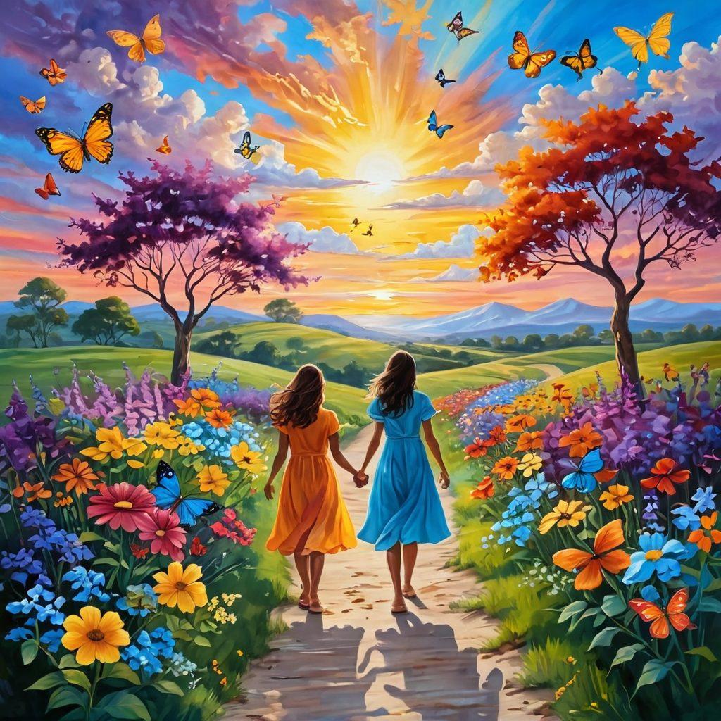 A whimsical pathway lined with colorful flowers and butterflies leading towards a radiant sun rising over a serene horizon. A diverse group of happy individuals of different ages, holding hands and sharing joyful moments, embodying the essence of a joyful journey. Soft, swirling clouds above, casting gentle light on the scene. Bright, cheerful colors and a sense of motion to capture the essence of happiness. vibrant colors. painting.